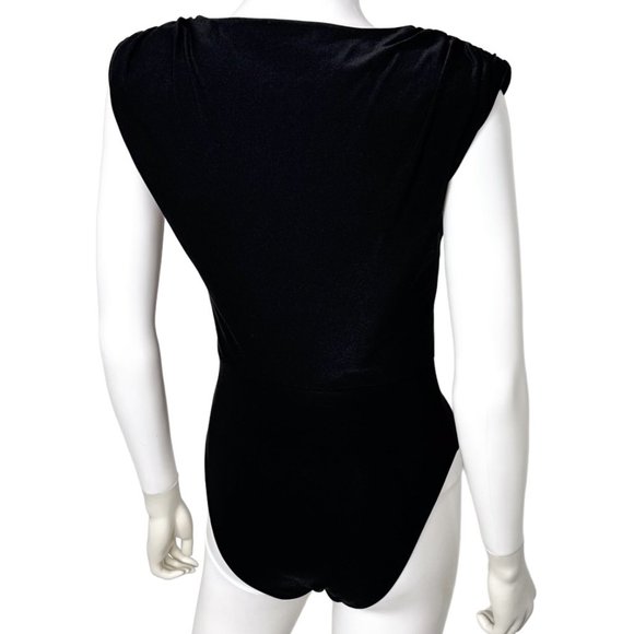 Miss Selfridge Shoulder Pad Sleeveless Plunge Neck Cutout Bodysuit in Black Sz 6 - Picture 2 of 13